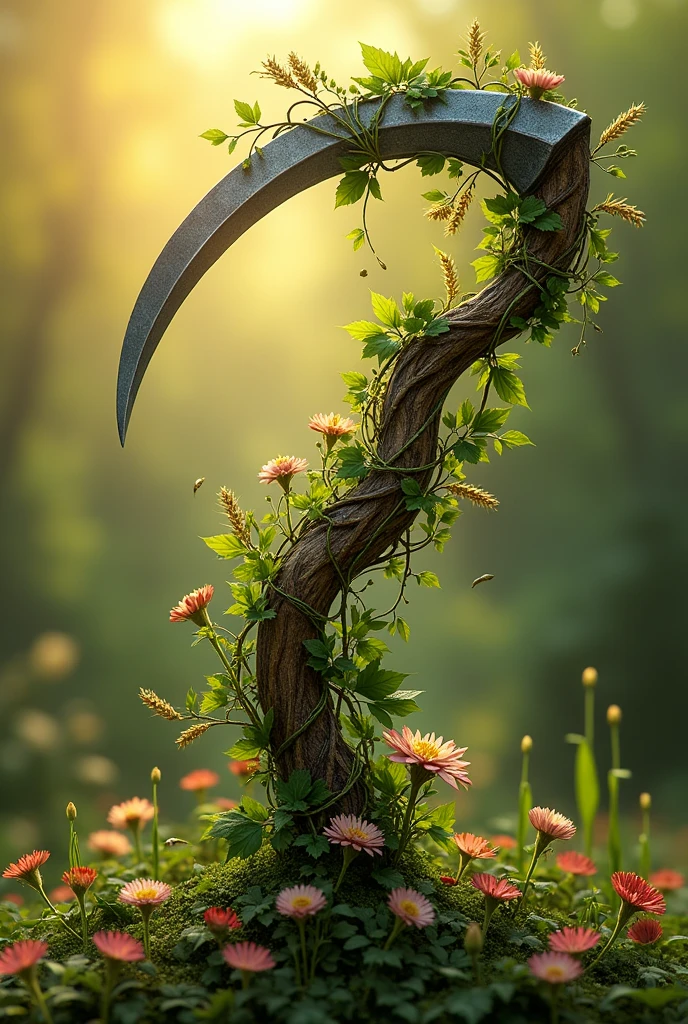 Create an image of a curved harvest sickle, with ripe crops and lush greenery wrapped around the blade, and a worn, wooden handle polished by use.