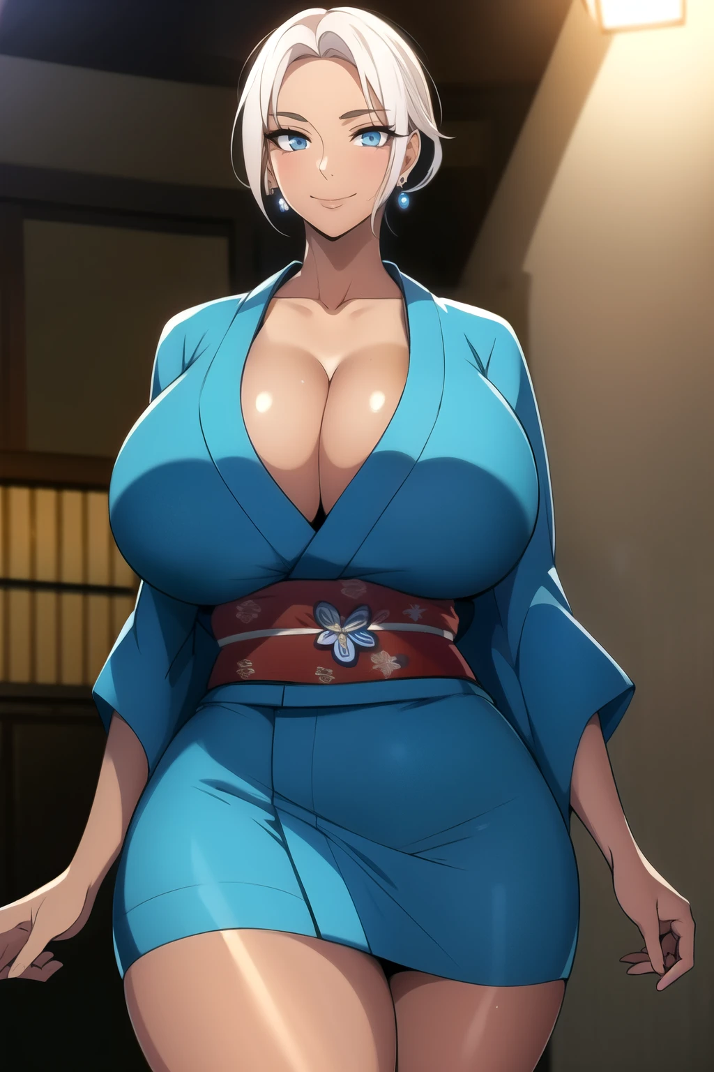 masterpiece, best quality, absurdres, 8k, perfect shadows,perfect lighting,hdr, ambient lighting, cowboy shot,shiny skin,skindentation, beautiful body, NamiFinal, (white hair : 1.4), short hair, blue eyes, (((short kimono:1.1), cleavage, , curvy, midriff, curvy, thighs, higheels, shiny clothes) , jewelry earrings,tight fit, complex detailed background, inside, luxury palace) (gigantic breasts,hourglass body, thin waist,very slim waist)extremely detailed face,detailed eye makeup, detail face, nice detailed eyes,nice hands, perfect hands (realistic pupils,realistic iris:1) heavy eye makeup,glowing eyes, Bright eyes,standing,standing at attention,(seductivel smile), (gigantic breasts: 1.1), curvy, (( tan skin: 1.1)), (( tan face: 1.1))