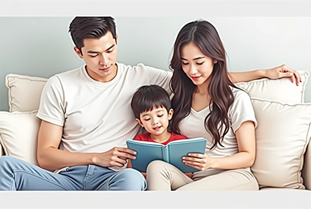 a 2 wife, short black hair, white skin, wearing a white t-shirt, height: 155 cm, weight: 45 kg. A 30 year old husband, short hair, white skin, wearing a white t-shirt, height: 160 cm, weight: 55 kg. A boy with short hair, white skin, wearing a red t-shirt. Husband and wife sitting next to their child. accompanying his child to read, on the sofa, in a simple house