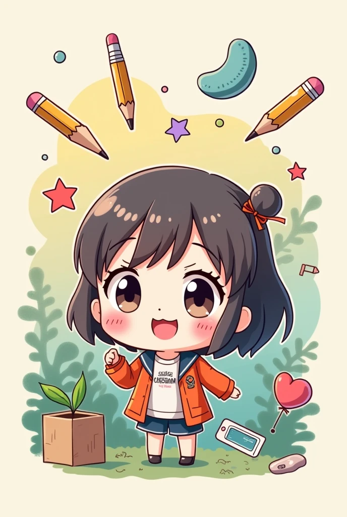 representing the anime business administration career, chibbi, cute as manga with small representative objects of graphic design in the air