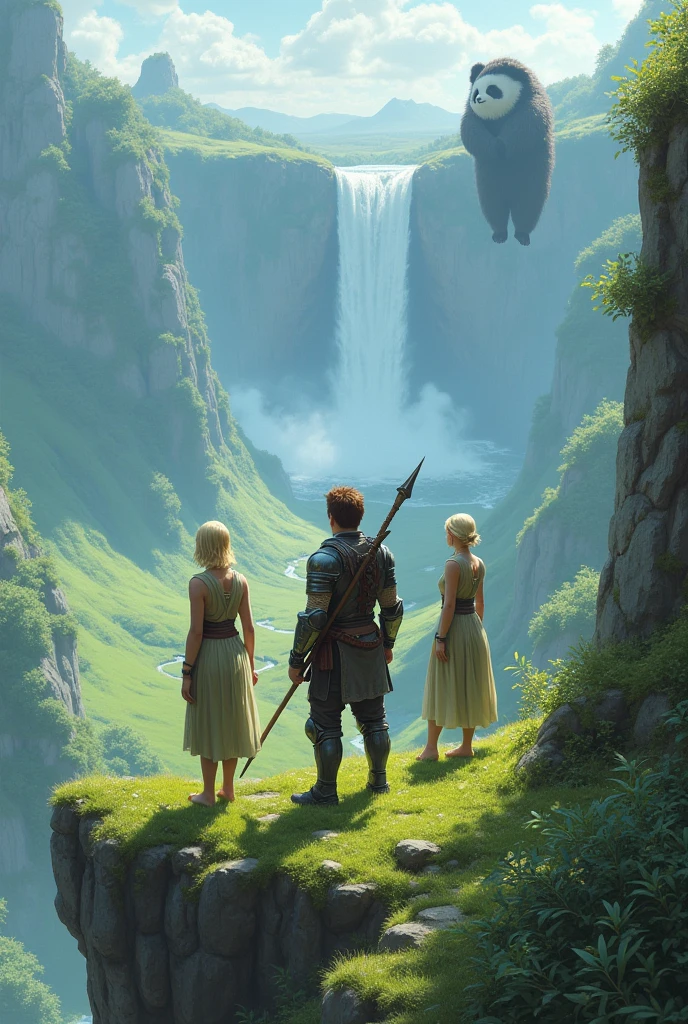 (uhd, masterpiece, anatomically correct, textured skin, super detail, high details, best quality, highres, 8k), Three adventurers standing on a grassy cliff, The man is wearing light armor, Brown Hair, Hair that stands on end, Elven women wear sleeveless dresses and , Blonde, Short Bob, Stand next to a man, The panda beastman wears heavy armor, Carrying a spear axe, Turning your back on the viewer, I can't see your face, The plain below the cliffs, Looking Down, Mr.々A land where fantasy creatures live, A waterfall flows down from a giant rock suspended in the air.