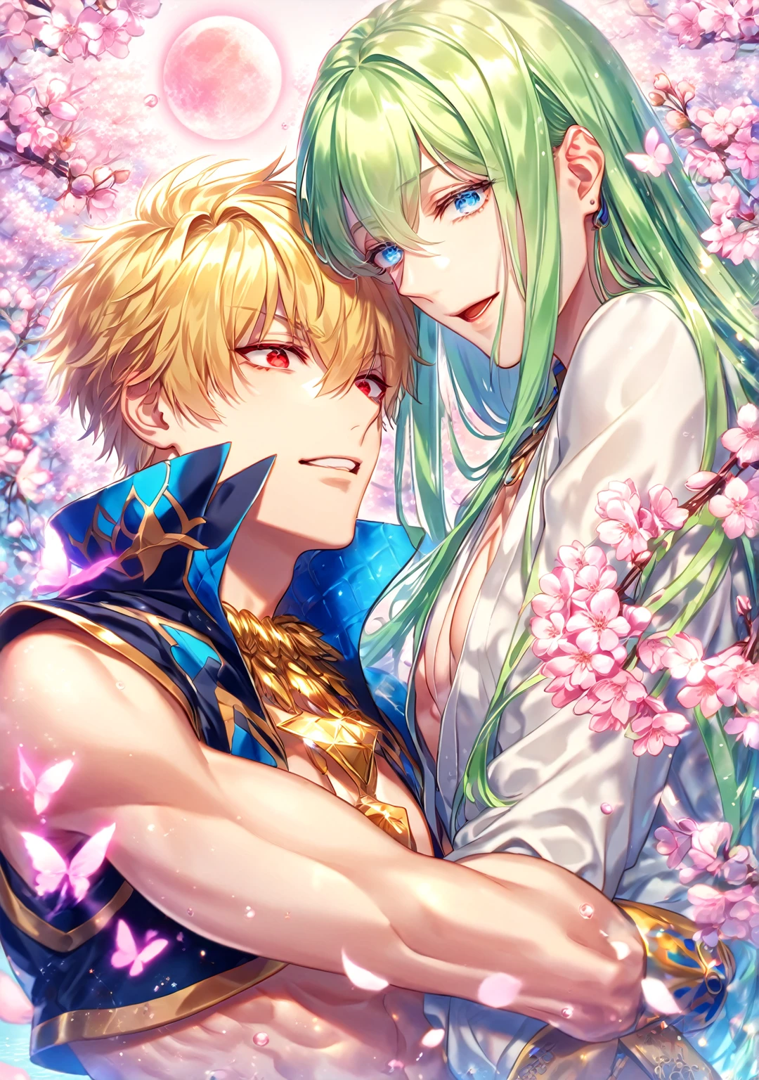 absurdres, highres, ultra detailed, HDR) master piece, best quality, extremely detailed, detailed face, detailed eyes, delicated features, Gilgamesh (caster), blonde hair, expressive red eyes, Fate Grand Order, Enkidu, light-green hair, expressive blue eyes, two men hugging, yaoi, gay couple, handsome, golden necklace, dark blue cropped vest with high collar, sleeveless black choli, toned chest, blue fantasy, magical, glittering, cherry blossoms, water, pink flames, pink moon, pink flowers, pink butterflies, garden
