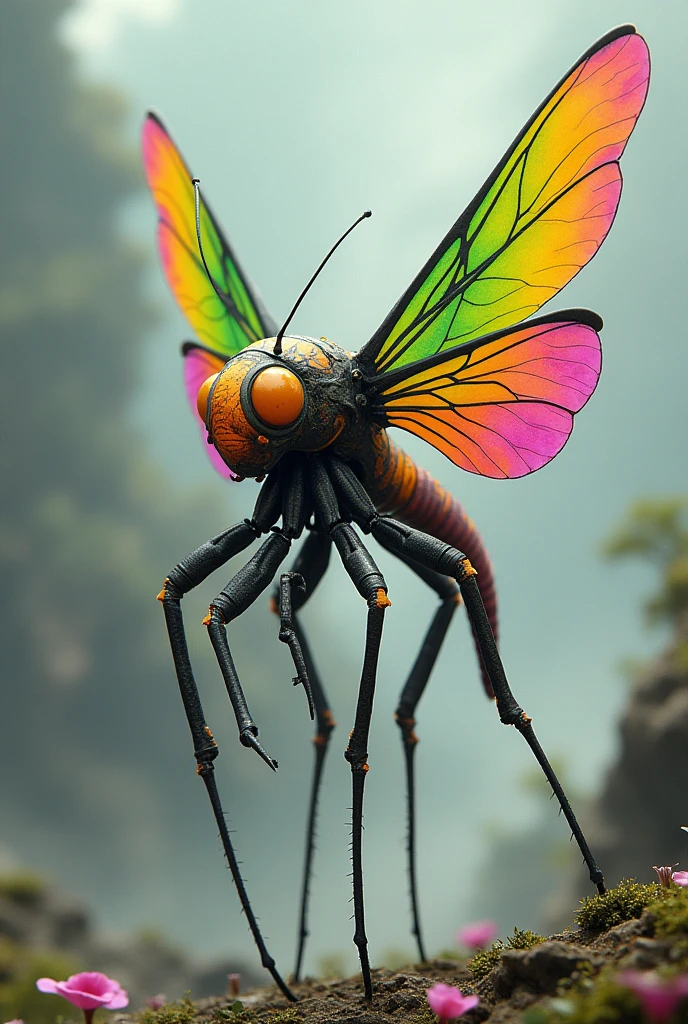 An insect like a dragonfly with 10 legs, 4 wings 2 of them green and 1 yellow and another pink, with a trunk ending in an ass