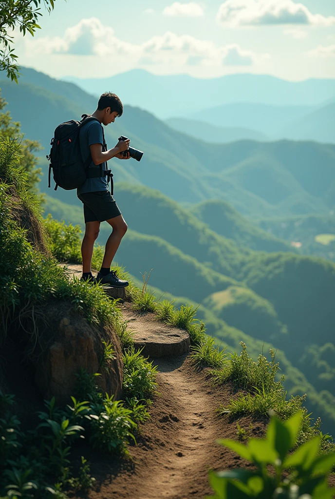 Search for A picture of Kelvin Tamungang on the internet and generate an Ai image of him going up hill with camera in his hand