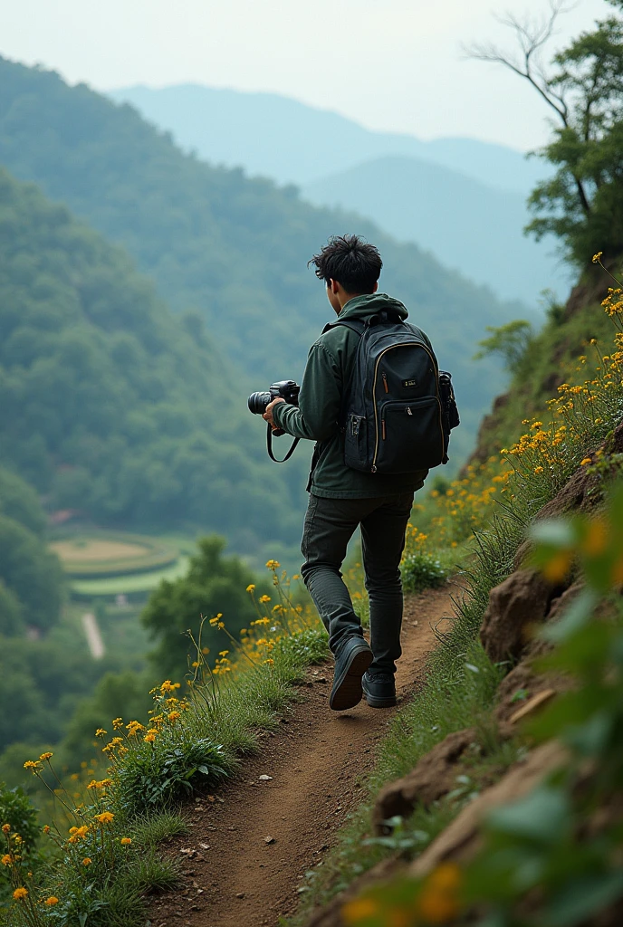 Search for A picture of Kelvin Tamungang on the internet and generate an Ai image of him going up hill with camera in his hand