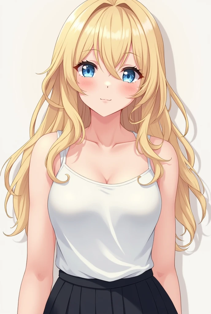 Long wavey blond hair, big blue eyes, seductive look, beautiful, white tank top, black skirt, 4k resolution, hd, anime, 2, sexy