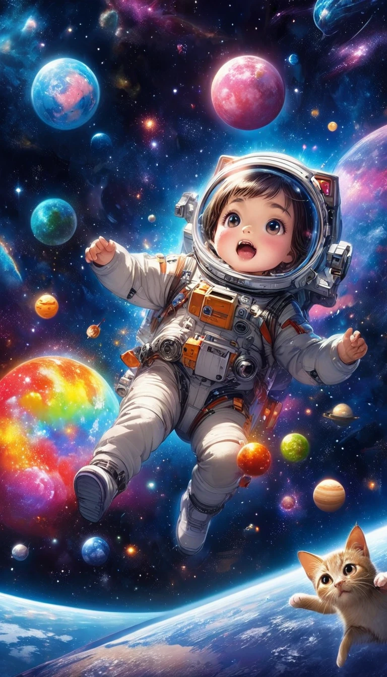 Cartoon illustration of a boy and a girl in space with cat, official fan art, in space, kitten in outer space, in outer space, in deep space, in galaxies, deep space exploration!!!, space travel, wearing in stars and planets, outer space, outer space, starry sky in space, in space, official art, space, on a spaceship, colorful, cute, more detailed, light, more realistic, cartoon