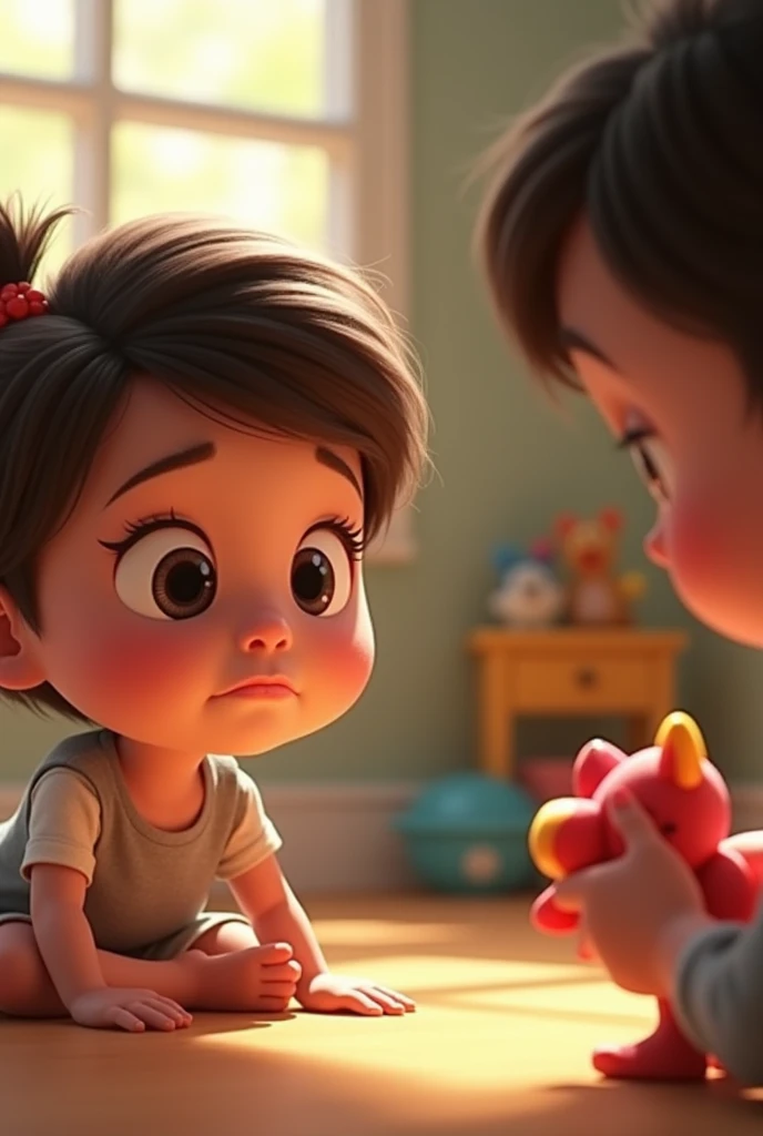 They don&#39;t let you play with a toy: A child looking at a toy in the hands of another child, with an expression of frustration or desire. . Animated image for children 