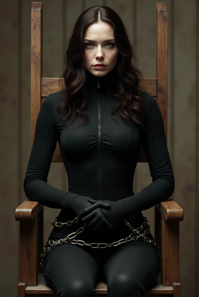 civil war black widow, white skin, full black suit, sitting on a wooden chair, looking straight, full image from head and legs, realistic, bdsm, bondage, bound, arms bound to armrest using chains, legs bound to chair leg using chains