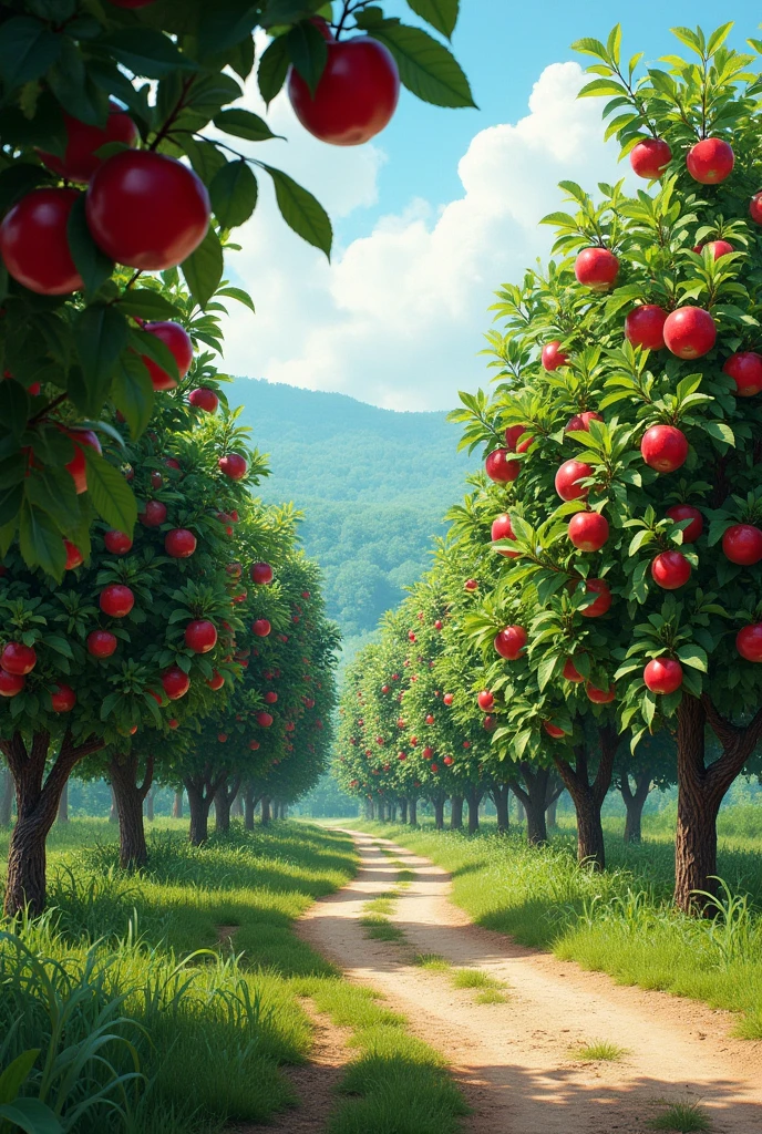 Intensive small apple trees throughout the road on both sides of a road appropriate for a resort