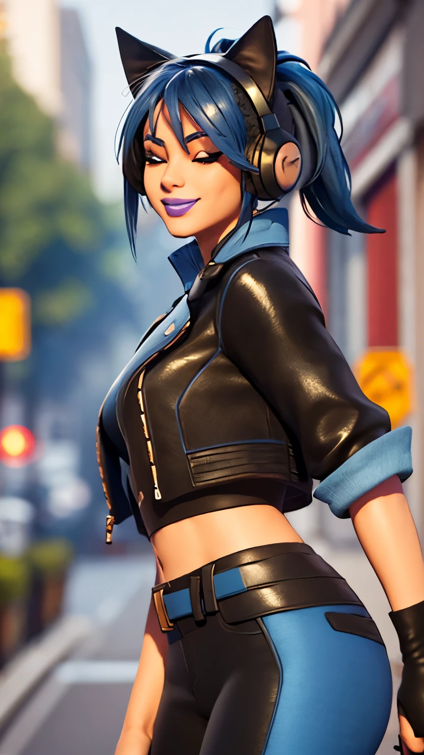 City background, 1girl, solo, HeroicHopeFN, Heroic Hope from fortnite, (crop top, black top, open clothes), (jacket crop top, black jacket, blue loose, jacket loose), fingerless gloves, black pants, blue belt, blue hair, ponytail, blue eyes, eyeshadow, headphones, cat ears headphones, holster, purple lips, lipsticks, smile, one eye closed, heart, wink, upper body, looking at viewer,