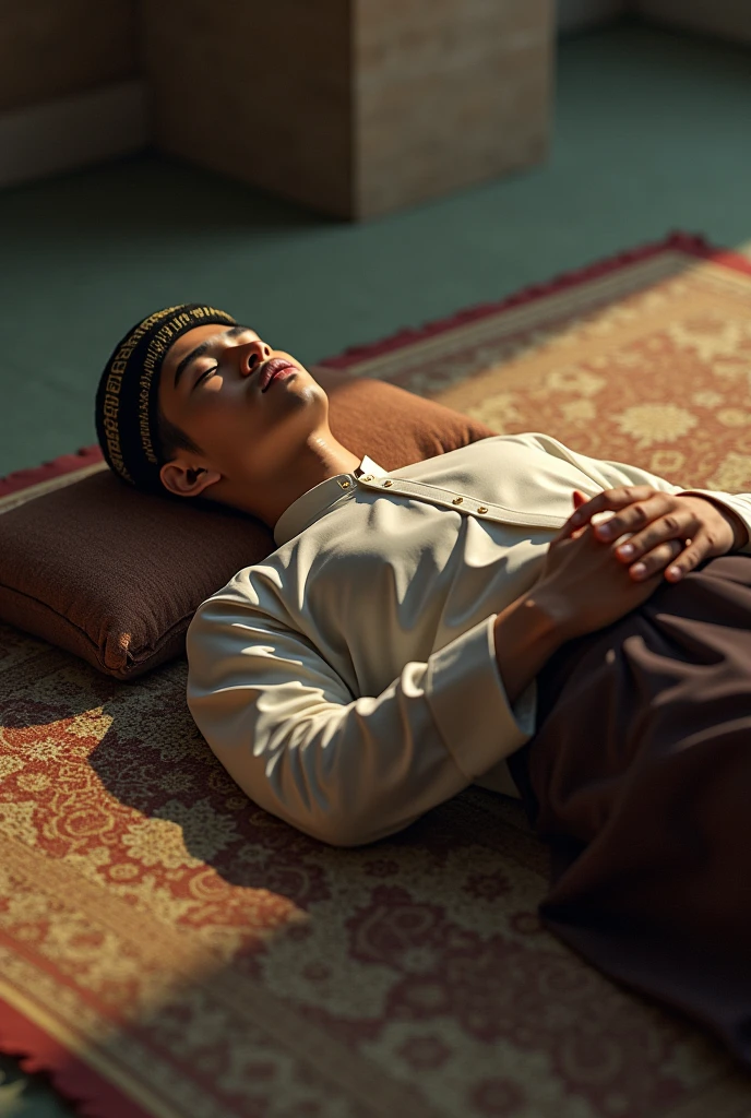 A young man lying asleep on a prayer mat without a pillow while holding prayer beads after reciting dhikr, still wearing his sarong and his peci lying down