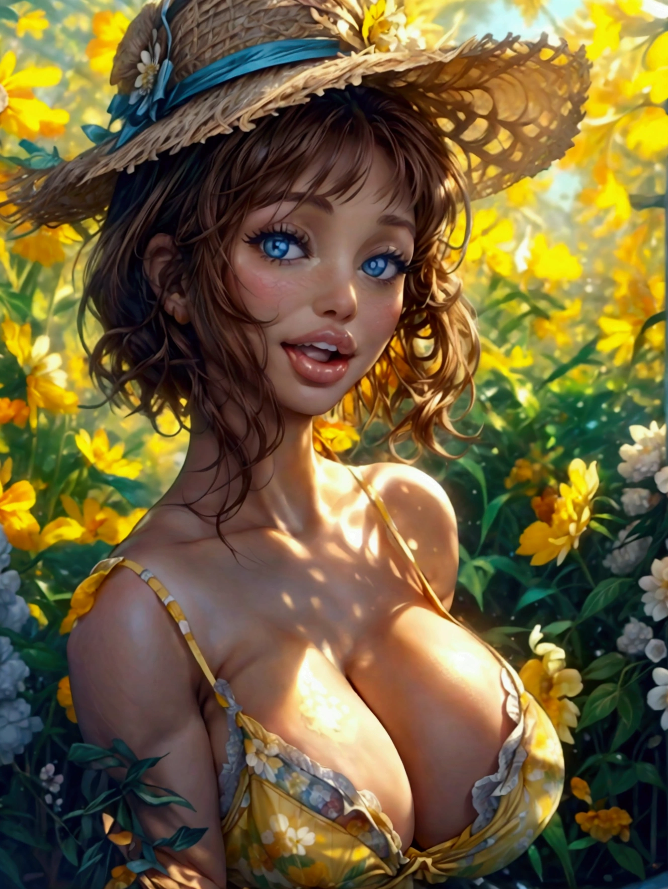 In a flower garden there is big girl, big boobs:1.4, big breasts:1.5, wearing yellow floral print sexy bra and panty, curly hail floating in the air, sunshine ober her head, uhd, 30 yrs old girl, mature, sexy, mature female, European girl,1girl, Solo, Open Mouth, Blue eyes, Brown Hair, Hair Between Eyes, Cowboy Shot, Teeth, from front, straight body, Depth Of Field,