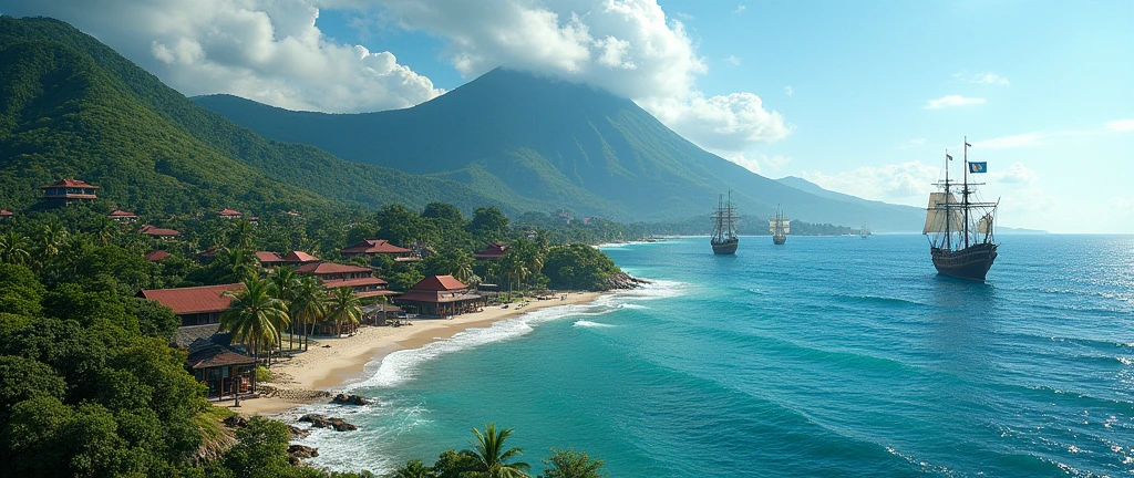 Village from ancient Ternate island, Maluku, Indonesia, beside a ocean and Ternate mountain, there is no peoples, Ottoman ships, hyper realistic, masterpiece, best quality, ultra-detailed, UHD, 64K