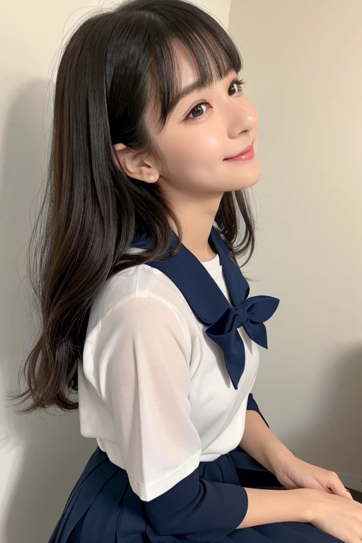 ((whole body:1.2,Voyeurism from the side:1.2,From afar:1.2)),((whole bodyポートレート:1.5)) Number of people；two genders: Beautiful girl age: Age 15 Height: 158cm Body Type: Thin and slender skin color: Bright pink hair color: Black hair length: Chest-length hair hairstyle: Straight Hair Bangs: Blunt, long eyes, face shape: Oval forehead width: Medium eyebrow shape: Thin and slightly arched Eyebrow color: Eye pupil shape: big、Slightly round eye color: Dark brown Eyelash length: Long and curly eyelashes: Black Nose Shape: smallて上向き 鼻の高さ: Low Mouth Shape: small、Beautiful lip line Lip color: Pink 歯: smallて整った白い歯 顎の形: Sharp ear shape: small、Slightly rounded earlobe: smallてthin ホクロ: Outer line of left eye５ｃｍSmall mole under face: Fluffy cheeks Skin texture: Shiny, smooth skin Skin condition: Natural no-makeup facial expression: Smiling and bright, eyes wide open: bigぱっちり開いている 頬の赤み: Natural Cheek Effect Jaw Line: Sharp and small chin Pupil sparkle: Sparkling cheek lines: Soft and round neck: thin、Delicate Hand Size: small、Long fingers Nail shape: small丸い 爪の色: Natural Breast Size：Very large arm size: thin Leg length: Slightly longer than expected for height Thickness of legs: thinて引き締まっている 肩の幅: Slightly narrow clavicle: Visible waistline: thinてなだらか 姿勢: Run with your back straight: A light and rhythmic face angle: Sailor uniform front features Sailor uniform colors: White ribbon color: Bright red ribbon ribbon shape: The size of the ribbon tied in a simple shape: Small and modest sleeve shape: Short and narrow skirt shape: Pleated skirt Skirt color: Navy blue Skirt length: 15cm above the knee, socks color: White Sock length: Knee-length crew socks Shoe color: Black Shoe Shape: Loafers Tie Shape: The color of the tie worn under the sailor collar: Red skirt fit: Fits snugly around the waist Number of collar lines: １Line sailor suit fabric: Cotton and polyester blend. Mr.々Facial expressions and poses.: A shy smile, Gaze direction: Slightly upper right hand movement: Brushing hair Body orientation: Front shoulder height: Natural Height、Relaxed facial expression details: A smile that exudes kindness