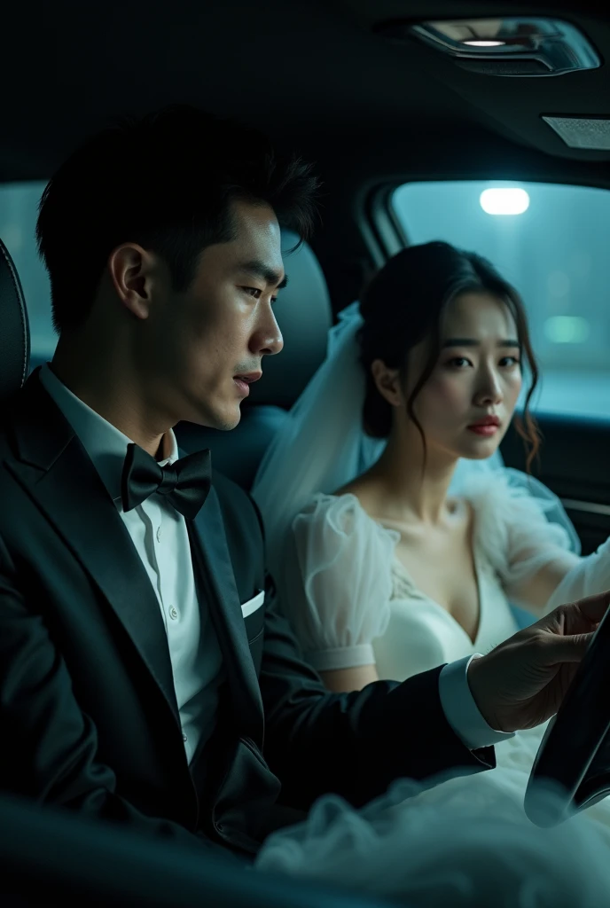 Dark image of a handsome Korean CEO and his bride in wedding dress in distress in a car