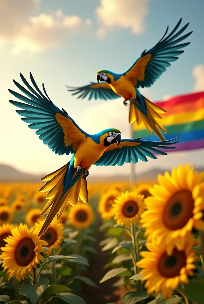 two blue-and-yellow macaws flying over a sunflower plantation and the LGBTQ flag in the background