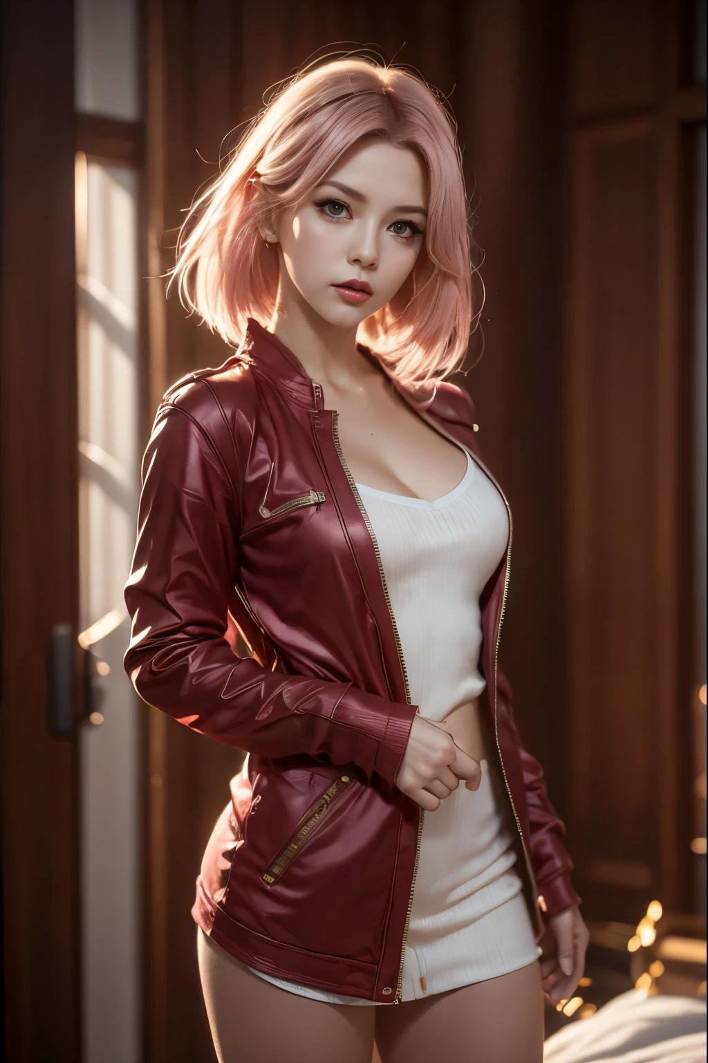 Sakura Haruno, Tempting, ((The forehead is exposed)), attractive, Sexy eyes, Red Jacket, Pink Hair, Beautifully, young, short hair, Delicate face, HD, whole body, From League of Legends, Trend at Artstation, author:rhads, Andreas Rocha, rossdraws, Shinkai Makoto, Laurie Greasley, Louis van Baarle, Ilya Kuvshinov and Greg Rutkowski