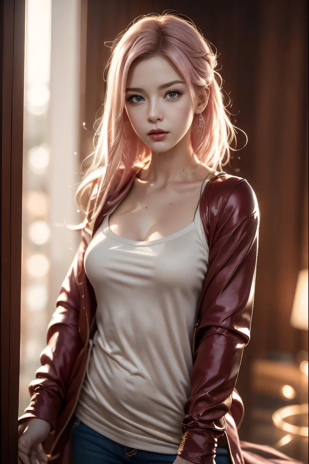 Sakura Haruno, Tempting, ((The forehead is exposed)), attractive, Sexy eyes, Red Jacket, Pink Hair, Beautifully, young, short hair, Delicate face, HD, whole body, From League of Legends, Trend at Artstation, author:rhads, Andreas Rocha, rossdraws, Shinkai Makoto, Laurie Greasley, Louis van Baarle, Ilya Kuvshinov and Greg Rutkowski