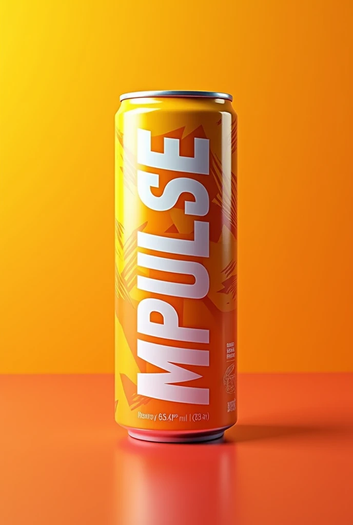 Create a mock up of an energy drink called Impulse with orange colors and a unique design that is attractive to young people.. The name must be vertical and occupy the entire width and length of the drink.