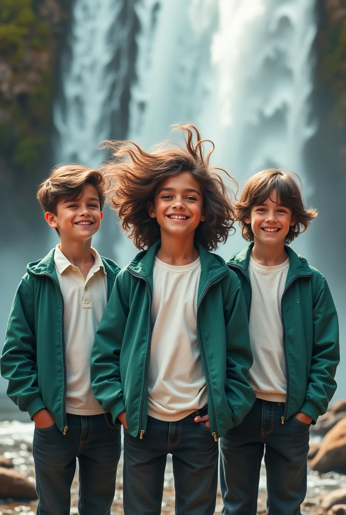 A 3 boys group wearing white shirt and black jeans with bottle green jacket 1 boy having large hair. Hair is flying with air. They are standing in front of waterfall