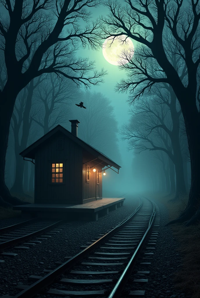 A railway station which is in a deserted forest at night