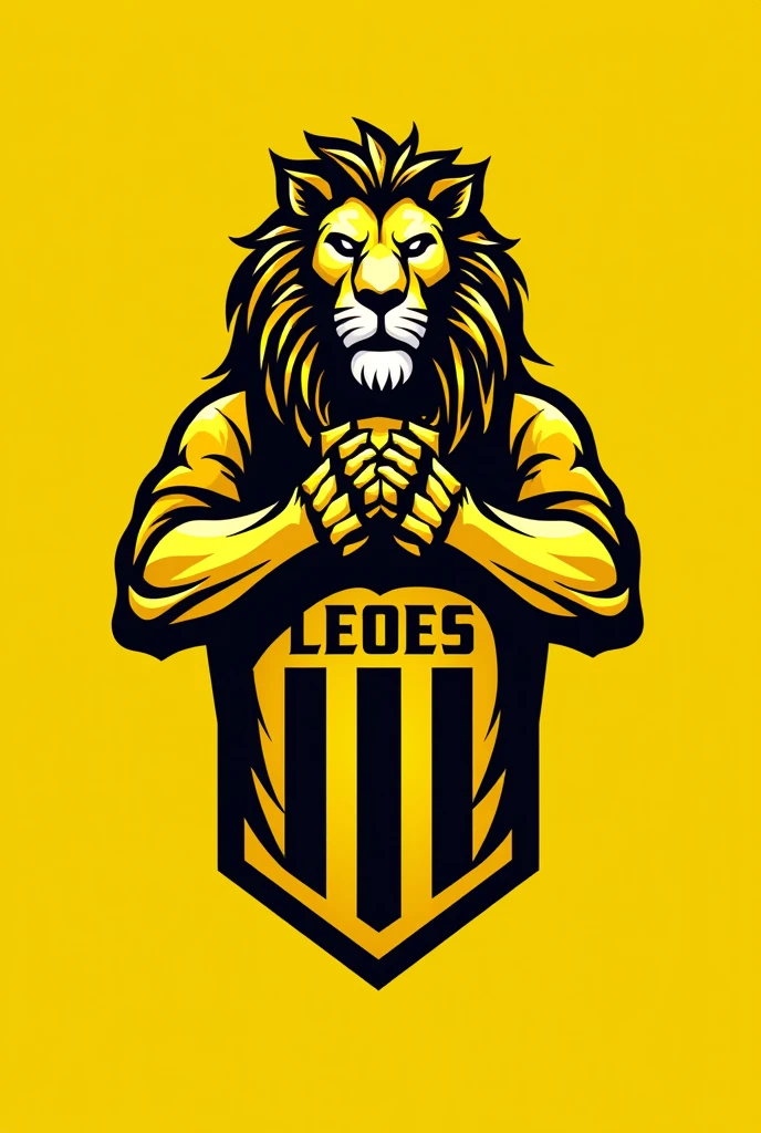 Create a logo with the name LEOES DO VALLE FC, YELLOW WITH THE LION HOLDING THE LOGO and the lion wearing the shirt that will be striped vertically in black and yellow