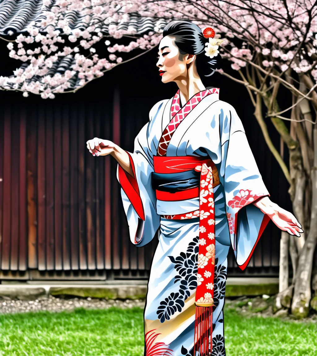 A woman in a kimono poses for a photo., elegant Japanese woman, in kimono, intricate geisha kimono, wearing kimono, Japanese Kimono, kimono, in a kimono, japanese model, inspired by Otake Chikuha, wearing a kimono,, Japanese woman, Using a haori, Highly detailed kimono