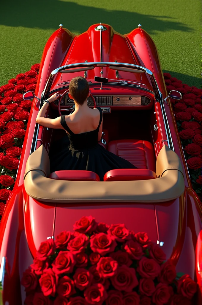 Create a luxurious scene featuring a person reclining in a vintage red convertible filled with a cascade of red roses. The person should be dressed in a sleek, elegant black gown. The setting should be outdoors on a neatly manicured green lawn, exuding sophistication and glamour. Ensure the convertible is detailed and the roses are vibrant and lush, enhancing the overall opulence of the scene.”