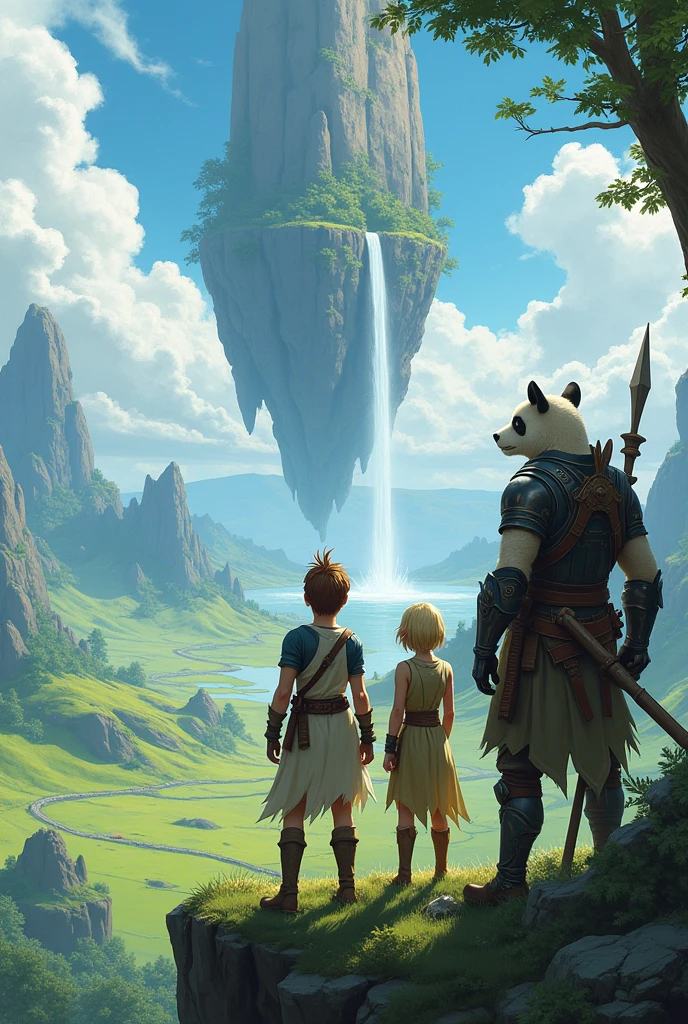 (uhd, masterpiece, anatomically correct, textured skin, super detail, high details, best quality, highres, 8k), Three adventurers standing on a grassy cliff, The man is wearing light armor, Brown Hair, Hair that stands on end, Elven women wear sleeveless dresses and , Blonde, Short Bob, Stand next to a man, The panda beastman wears heavy armor, Carrying a spear axe, Turning your back on the viewer, I can&#39;t see your face, The plain below the cliffs, Looking Down, Mr.々A land where fantasy creatures live, A waterfall flows down from a giant rock suspended in the air.