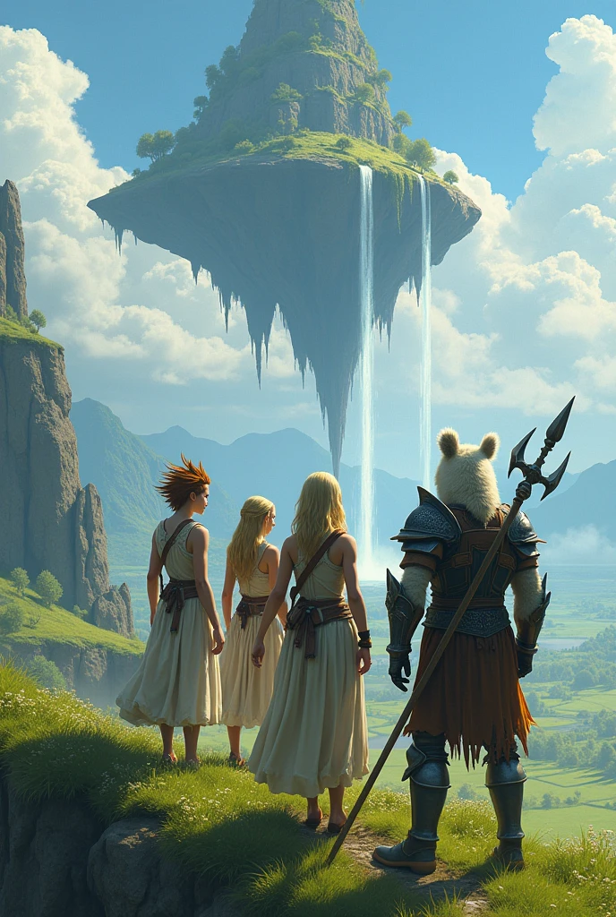(uhd, masterpiece, anatomically correct, textured skin, super detail, high details, best quality, highres, 8k), Three adventurers standing on a grassy cliff, The man is wearing light armor, Brown Hair, Hair that stands on end, Elven women wear sleeveless dresses and , Blonde, Short Bob, Stand next to a man, The panda beastman wears heavy armor, Carrying a spear axe, Turning your back on the viewer, I can't see your face, The plain below the cliffs, Looking Down, Mr.々A land where fantasy creatures live, A waterfall flows down from a giant rock suspended in the air.