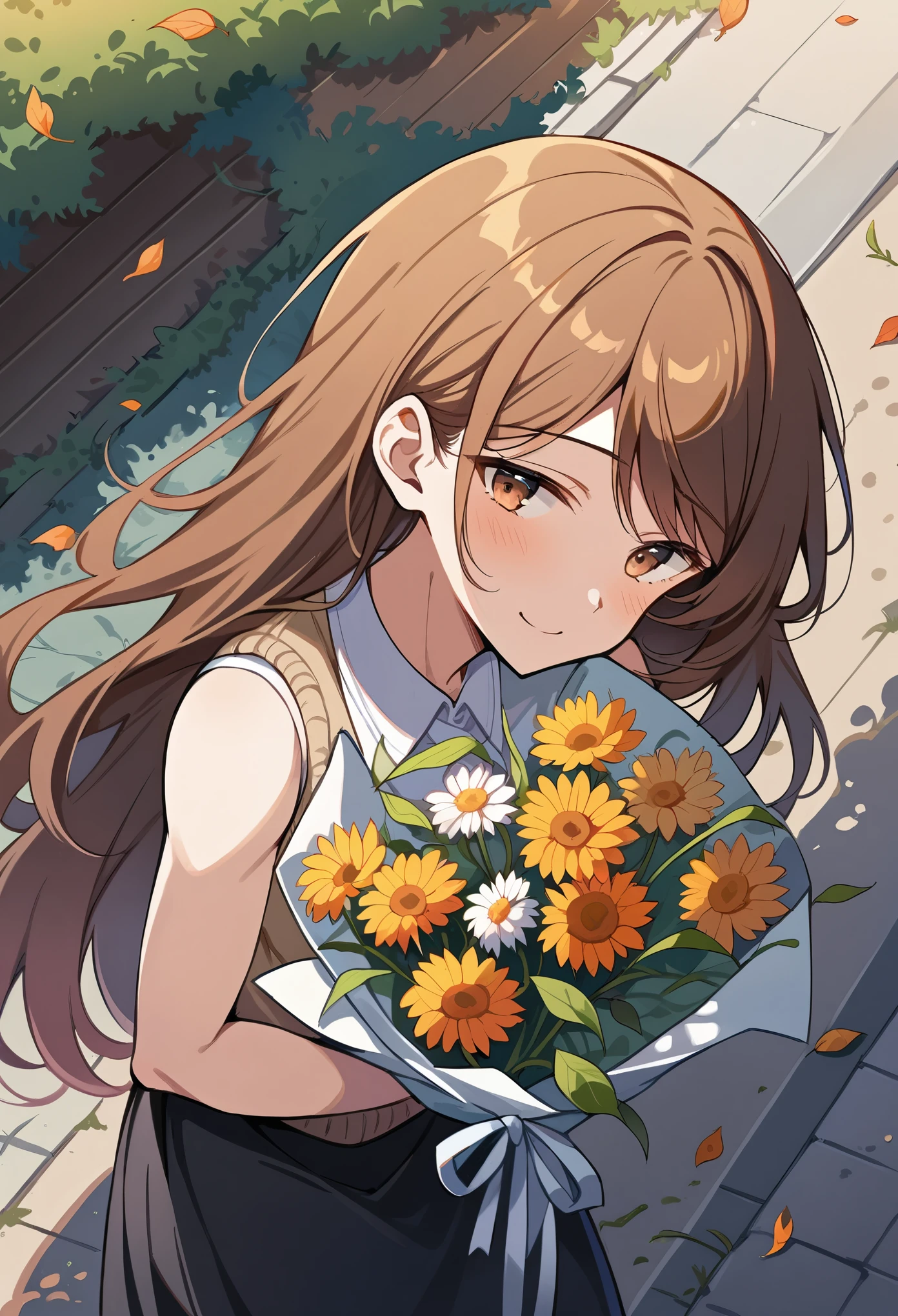 Masterpiece, highres, high Quality, detailed face, close up, from above, smelling bouquet of flowers, soft smile, street, awning, shade, flowers, head tilt, brown eyes, brown hair, swept bangs, very long hair, oversized sleeveless knitted vest over sleeveless white collared shirt, black skirt, small breasts, toned arms, flowers, sidewalk, weeds, dusk, garden, dusk, falling leaves, autumn, hair blowing in wind,