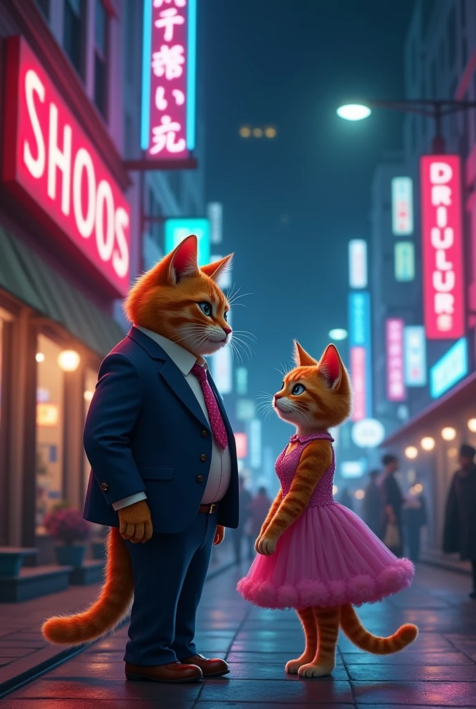 Cat Dating、Night Street Corner、Fat cat parent and child、Couple in pink dress and suit