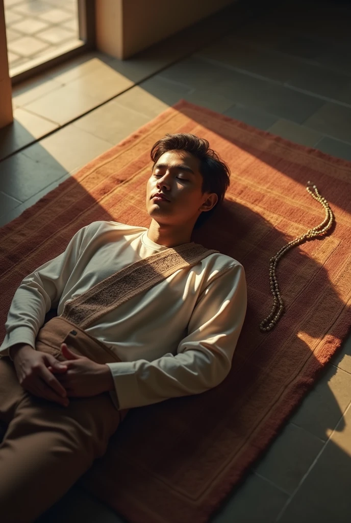 A young man lying asleep on a prayer mat without a pillow while holding prayer beads after reciting dhikr, still wearing his sarong and his peci lying down