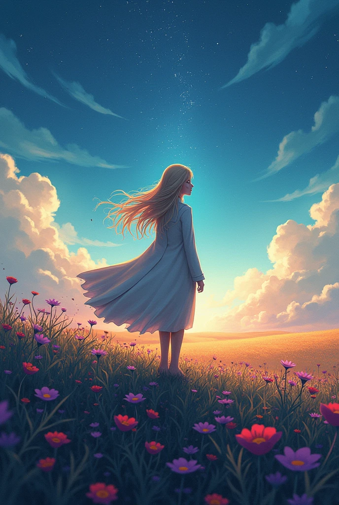 1people々々々々々々々々々々,Blonde long-haired woman,Long coat, Dress Silhouette, Rear View,Space Sky, Flower Field,Colorful flowers