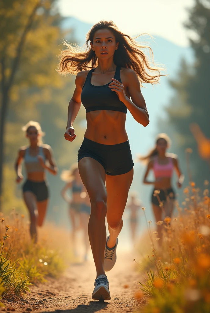 do almost the same as you did but show me ten diferent positions in sequence of her running like each scene of a short movie so that if i project then in sequence i can visualize this woman in movement