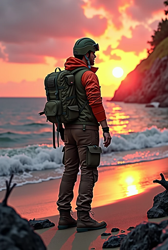 image of a man on the beach with a green vest, pants, let's go and helmet, under a beautiful sunset