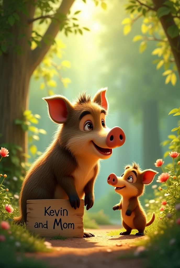A boar with a Disney Pixar style boar mom with the sign saying “KEVIN AND MOM”