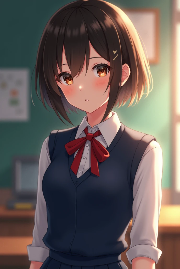 best quality, face focus, soft light, ultra high res, (photorealistic:1.4), RAW photo, 1japanese girl, solo, cute, (shy smile:0.5), (brown eyes, lights in the eyes), detailed beautiful face, (small chest),(high resolution detail of human skin texture), (short bob hair), BREAK, in classroom,navy school uniform, vest, skirt, hoshimachi suisei