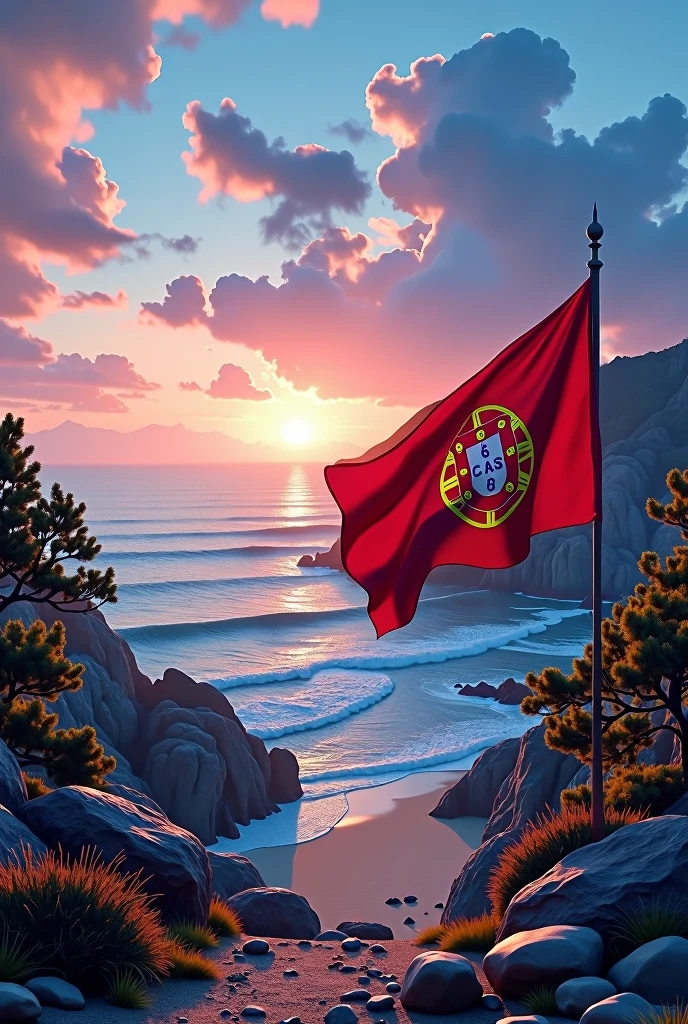 Beautiful Portuguese landscape with sea view and blue and pink sunset with the Portuguese flag and the name Clara placed on the image