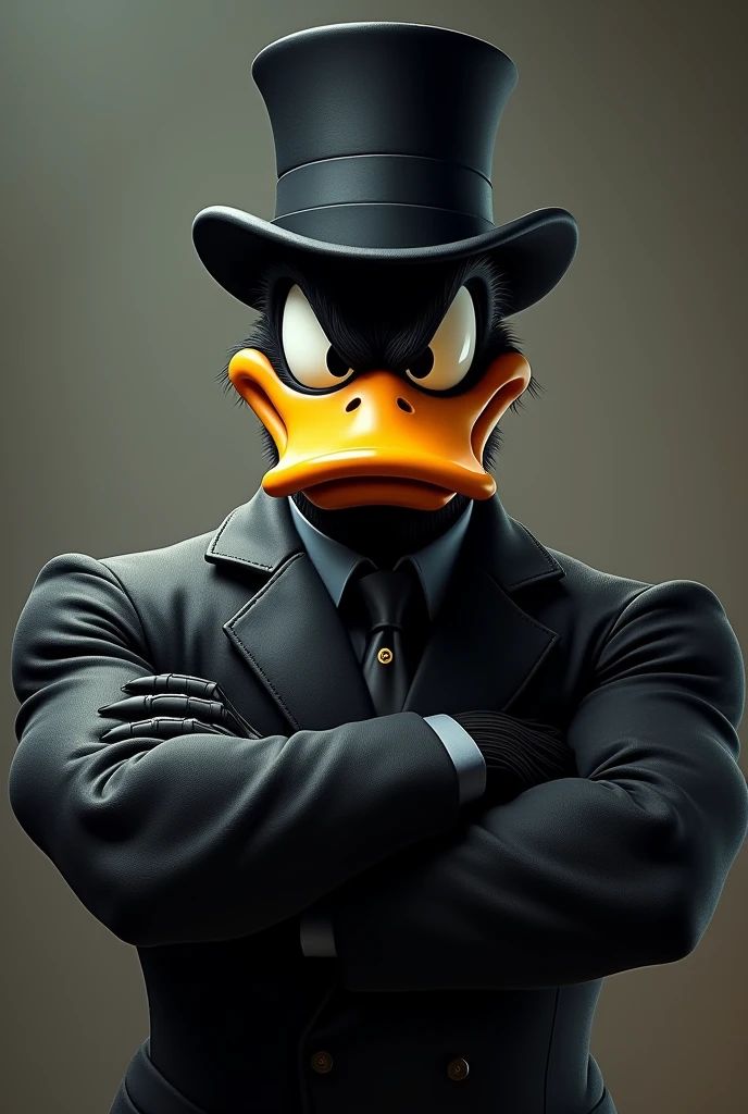 adult, pumped up donald duck with an attentive aggressive look, In a black jacket, feather color black, in a top hat. looks straight into the eyes, Smart face emotion, arms crossed over his chest. Photo up to the waist.