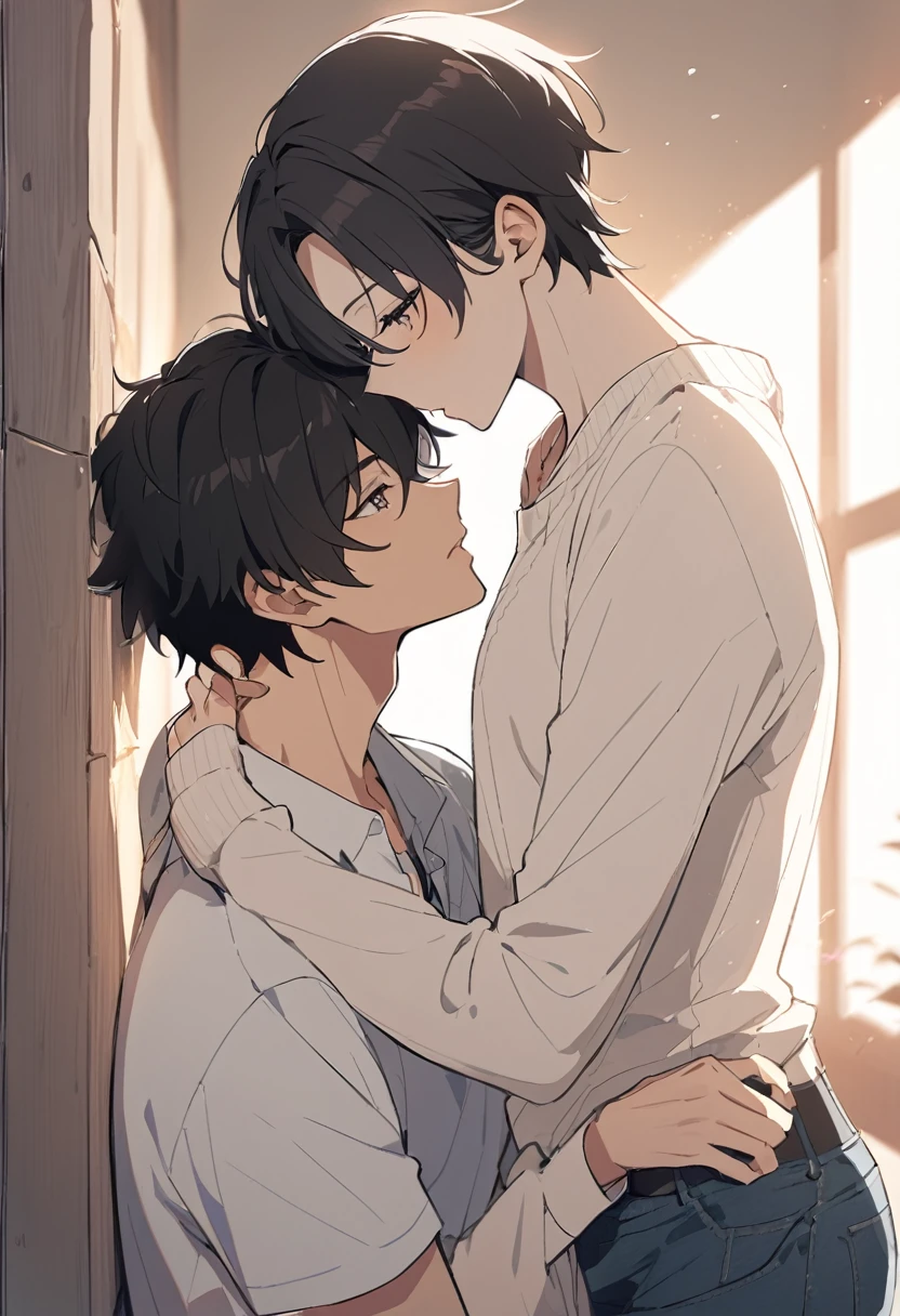 Kamyko: A slender, delicate-looking young man. He has about 1,75m de altura, with straight black hair that reaches her shoulders, with a light fringe. His eyes are expressive and slightly almond-shaped.. Kamyko is dressed casually, with a long-sleeved shirt and tight pants, both in light tones. He has his eyes closed, surrendering to the kiss, with one hand lightly resting on Ryosuke&#39;s chest.

Ryosuke: A little taller and with an athletic physique, com aproximadamente 1,85m. Her hair is short and black, slightly messy, with a casual and modern look. He wears a dark polo shirt and jeans., and is holding Kamyko by the waist, pulling him closer. His eyes are partially closed, and he is immersed in the kiss, showing affection and passion.

kiss: They are in a deep and passionate kiss, with a feeling of affection and reconciliation. Ryosuke tilts his head slightly to reach Kamyko, as Kamyko leans up. The kiss is prolonged and full of emotion., capturing an intimate and meaningful moment between the two.

