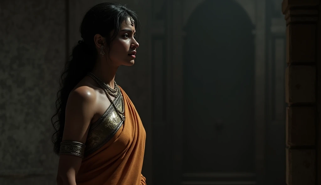 A grieving Ghandhari, dressed in a simple yet elegant saree, with her hair tied back. She stands in a dimly lit room, surrounded by shadows, with tears in her eyes, reflecting her sorrow over her lost sons. '3d style realistic image