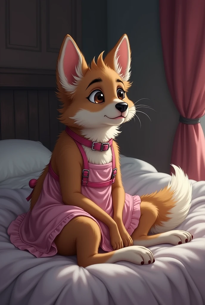 solo, 1 boy, ((Australian shepard)), male, slender, ((twink)), detailed, beautiful and detailed portrait of an anthropomorphic boy, short hair, kenket, uploaded to e621, digitigrade legs, very fluffy detailed fur, fluffy tail, ribs and hip bones, (pink sheer nightdress, pink collar, pink harness), dark castle bed chamber, small bulge, fluffy hips, (scared facial expression), (scared body language), laying on bed, fetal position,