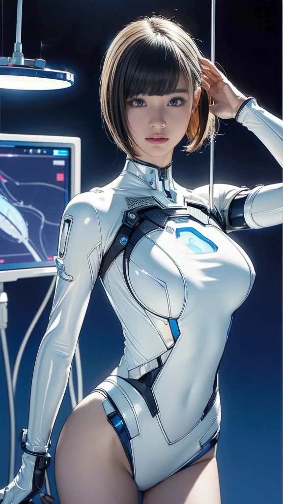 (Highest quality, High resolution, masterpiece:1.2), Very detailed, Realistic:1.37, (Perfect Anatomy),1 person,Raise your arms:1.3, Show your armpits:1.3, Cowboy Shot,Full body portrait, Cute and perfectly beautiful Japanese idols,  Female Model、Transform into a cute cyborg,, (Glowing blue eyes:1.3), (White bioacrylic body:1.2),  Pale Hair, Bobcut, Detailed connection lines,  Wires and cables connected to the head,  cybernetics, Cyber 3 Inc.,  Intricate decorative details, The background is the interior of a robotic operating room..,,Monitor screen