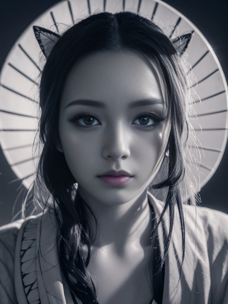 detailed portrait of a beautiful woman, 1girl, detailed face, beautiful detailed eyes, beautiful detailed lips, extremely detailed eyes and face, long eyelashes, gorgeous detailed kimono, revealing kimono, night raid, dramatic lighting, moody atmosphere, cinematic, intricate details, hyper realistic, 8k, high quality, masterpiece, digital art