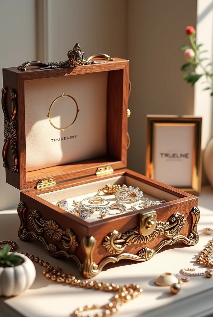 Jewelleries kept in a box and a small photo frame where its written trueline jewellery logo