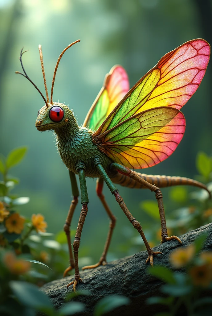An insect like a dragonfly with 10 legs, 4 wings 2 of them green and 1 yellow and another pink, with a butterfly trunk ending in an ass