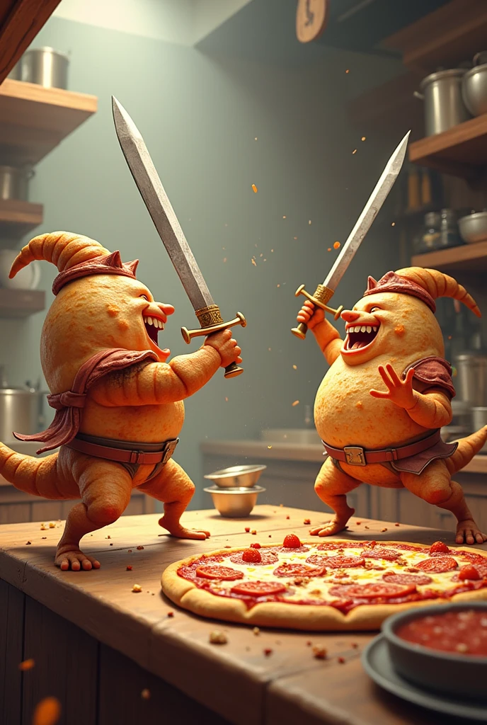 Une pizza base crème gagne un combat à l'épée contre une pizza base tomate 