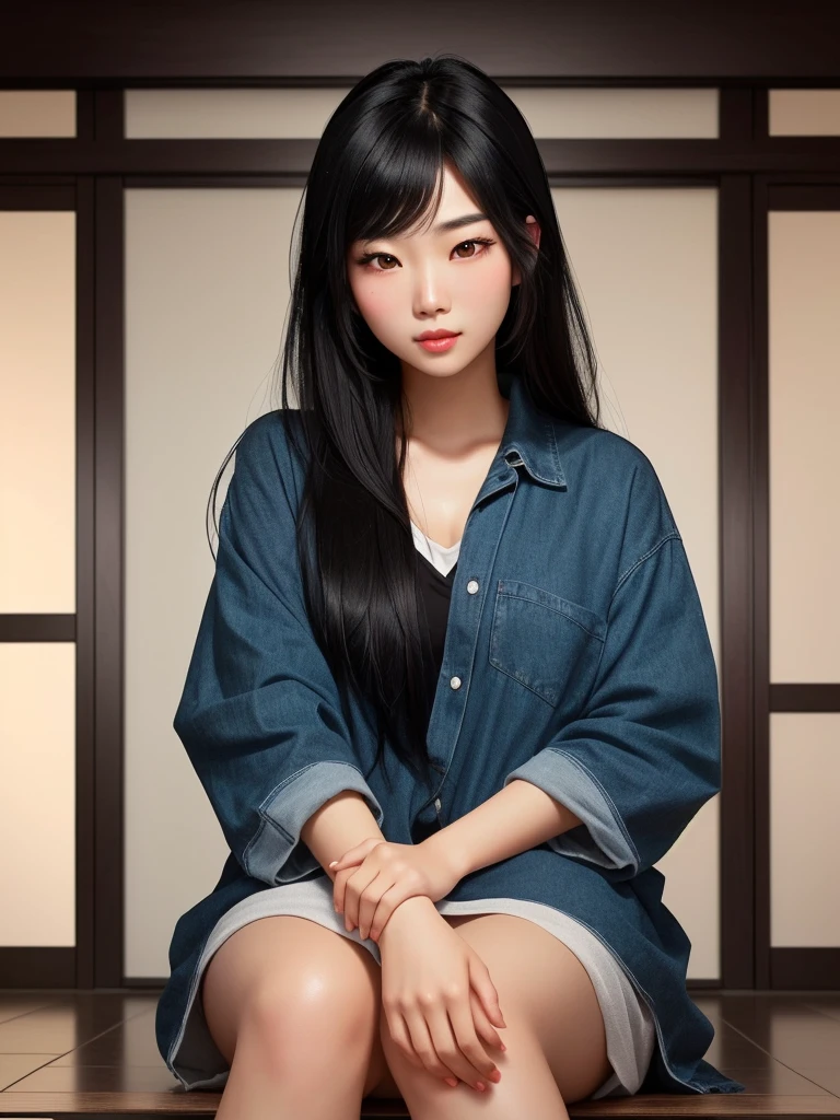 Make me an Asian with black hair, relaxed eyes, Lightly open mouth, calm look, with a background in a room, make it look like she&#39;s taking a selfie,  
